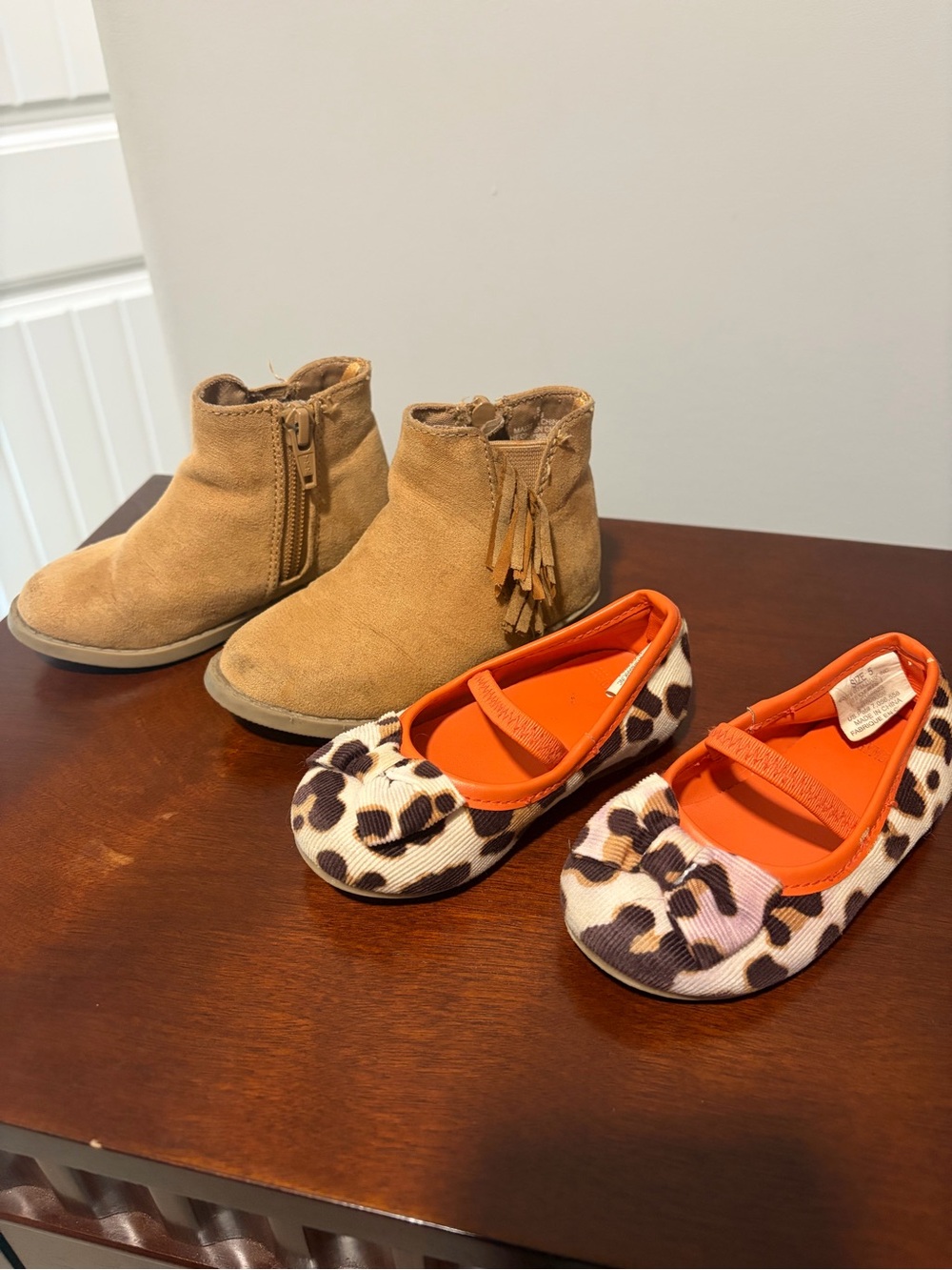 Tan Suede Tassel Ankle Boots & Leopard Print Orange-Trim Ballet Flats